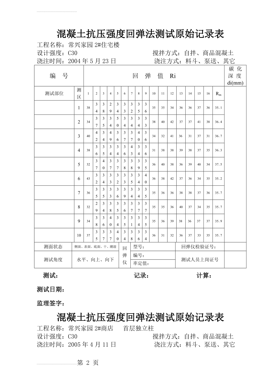 混凝土抗压强度回弹法测试原始记录表(7页).doc_第2页