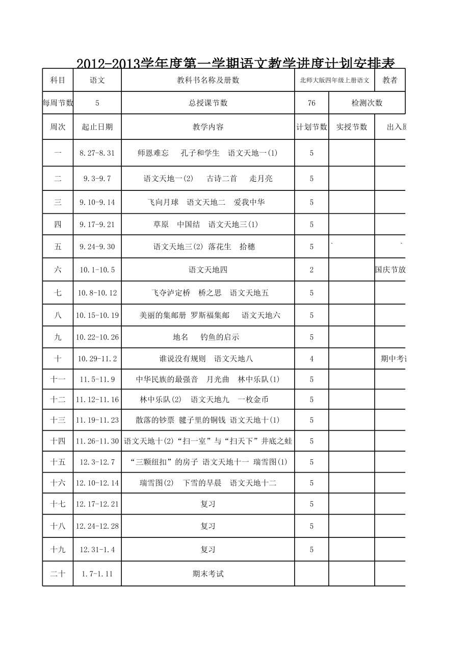 三年级语文下册教学计划进度表.xls_第1页