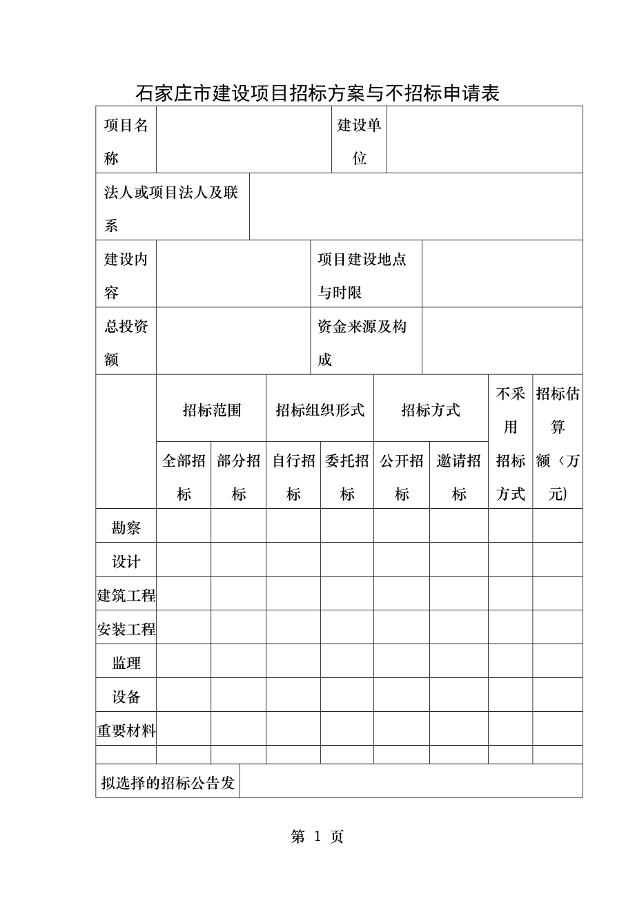 石家庄市建设项目招标方案和不招标申请表_5521.doc_第1页