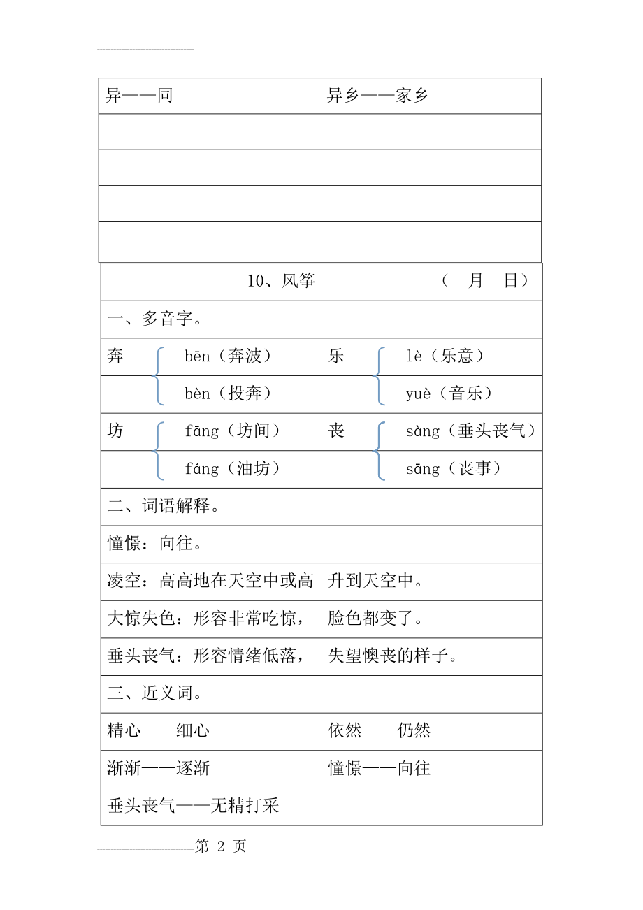 小学人教版语文三年级上册第三单元多音字、词语解释、近义词、反义词每课重点归纳(5页).doc_第2页