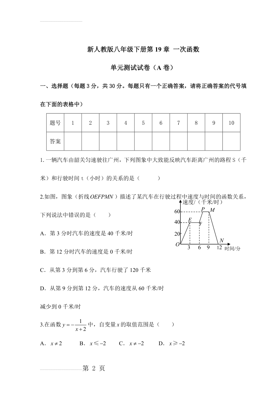 新人教版八年级下册第19章 一次函数 单元测试试卷(A卷)(11页).doc_第2页