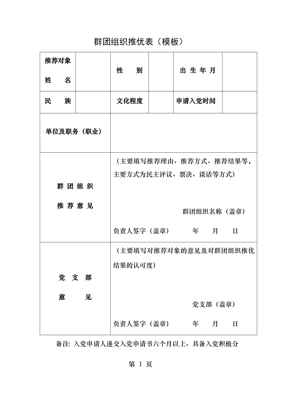 群团组织推优表(模板).doc_第1页