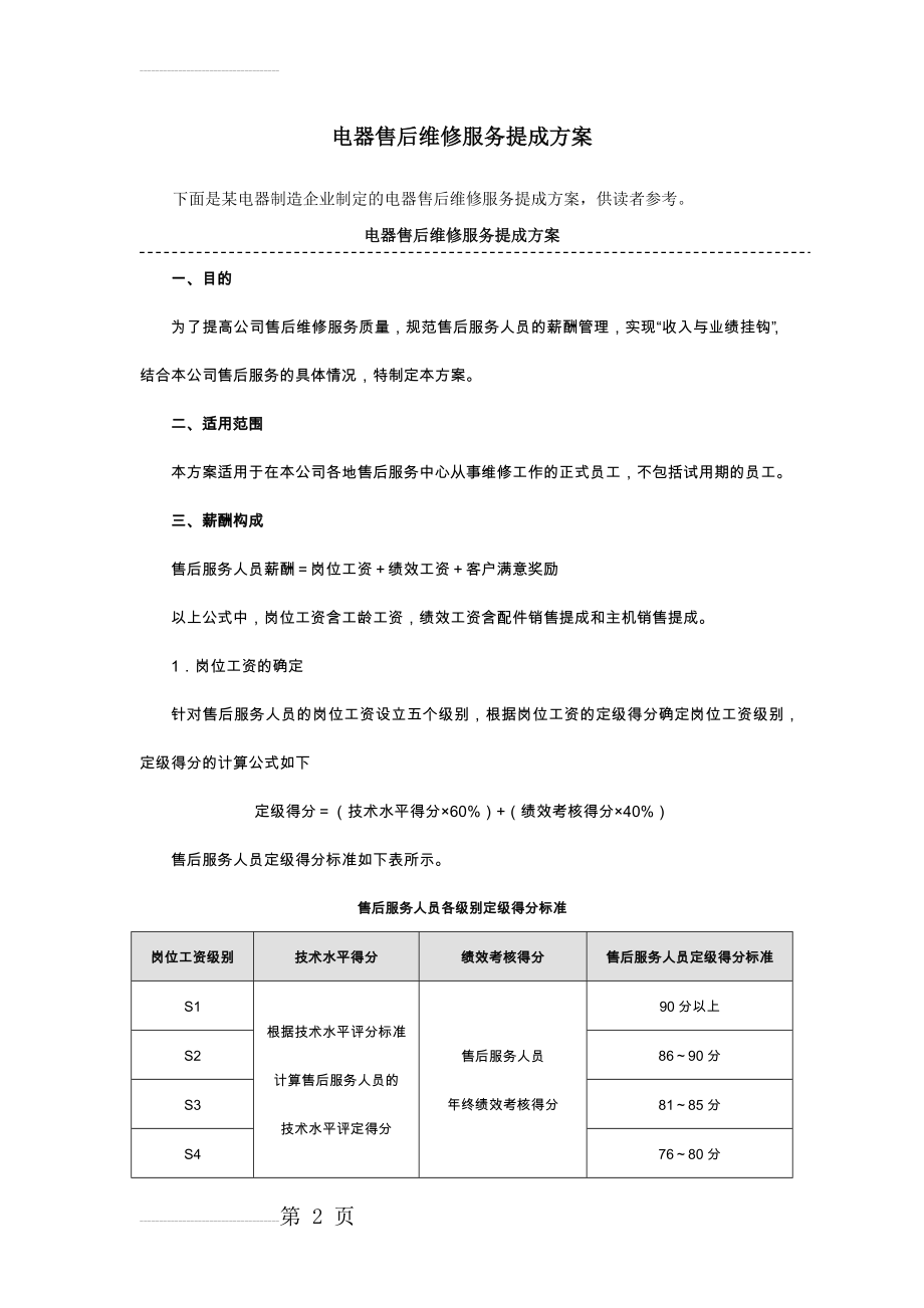 电器售后维修服务提成方案(附表)(5页).doc_第2页