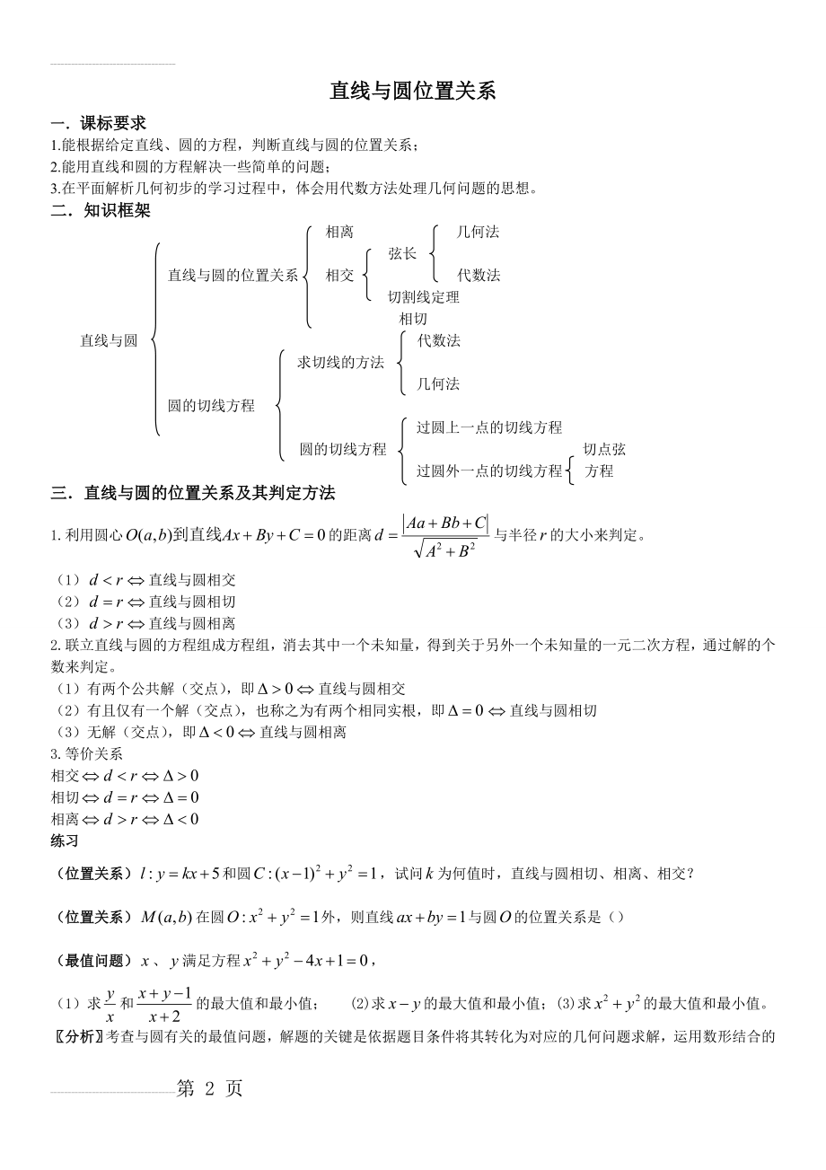 直线与圆位置关系知识点与经典例题57302(5页).doc_第2页