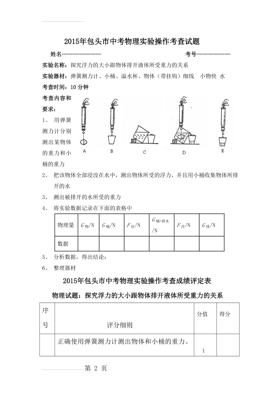 物理实验10 探究浮力的大小跟物体排开液体所受重力的关系Microsoft Word 文档(3页).doc_第2页