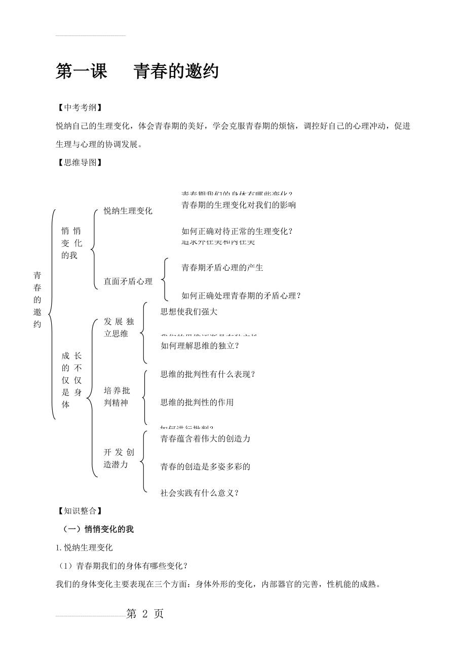 人教版《道德与法治》七年级下册_第一课 青春的邀约 复习材料(6页).doc_第2页