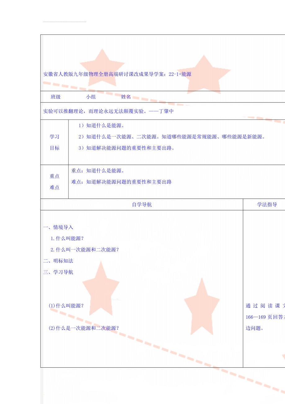 安徽省人教版九年级物理全册高端研讨课改成果导学案：22-1+能源(5页).doc_第1页