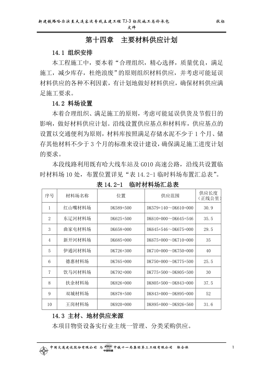 新建铁路哈尔滨至大连客运专线土建工程TJ-3标段施工总价承包投标文件第十四章主要材料供应计划.doc_第1页