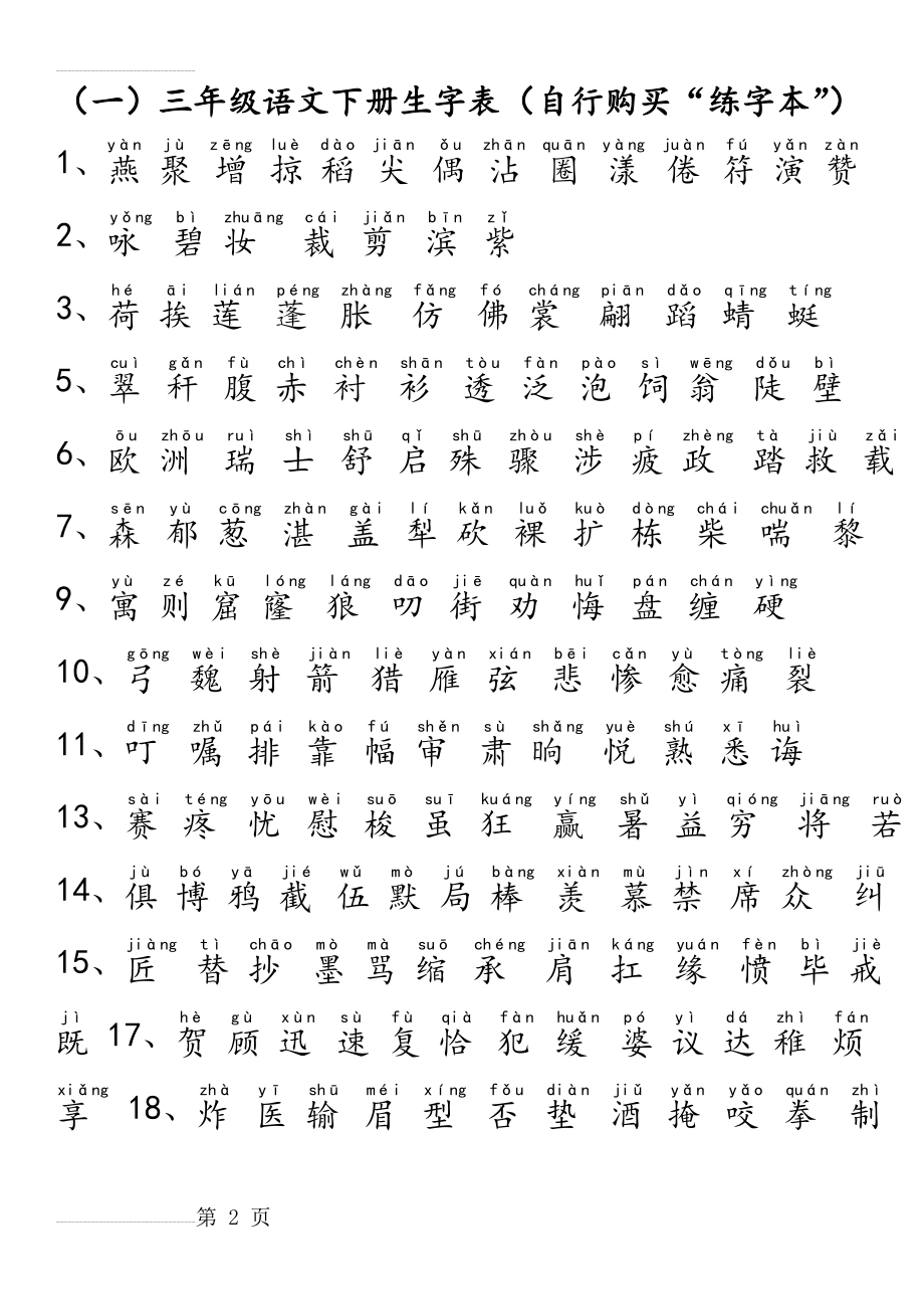 最新人教版三年级语文下册生字表二带拼音(3页).doc_第2页