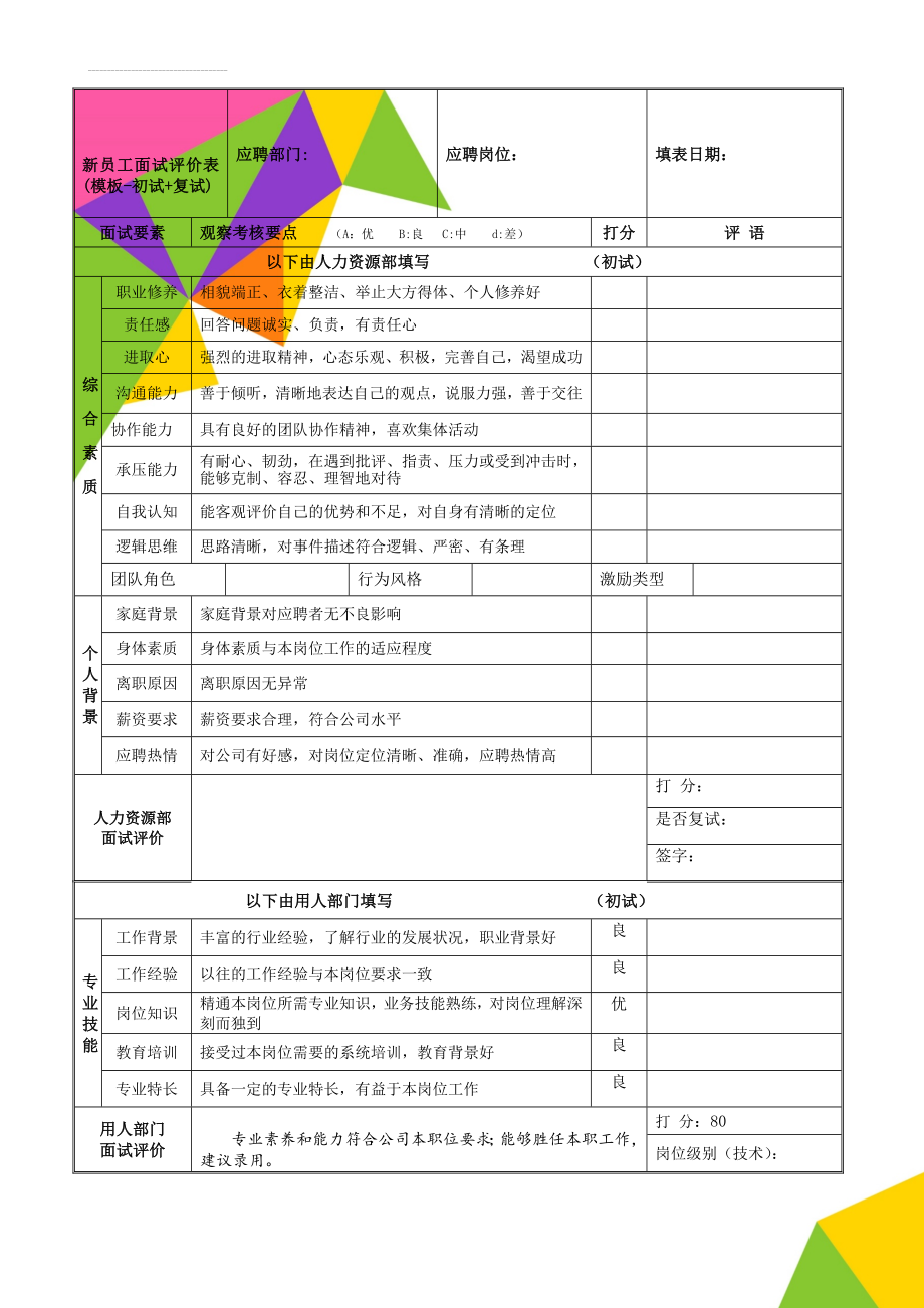 新员工面试评价表(模板-初试+复试)(4页).doc_第1页