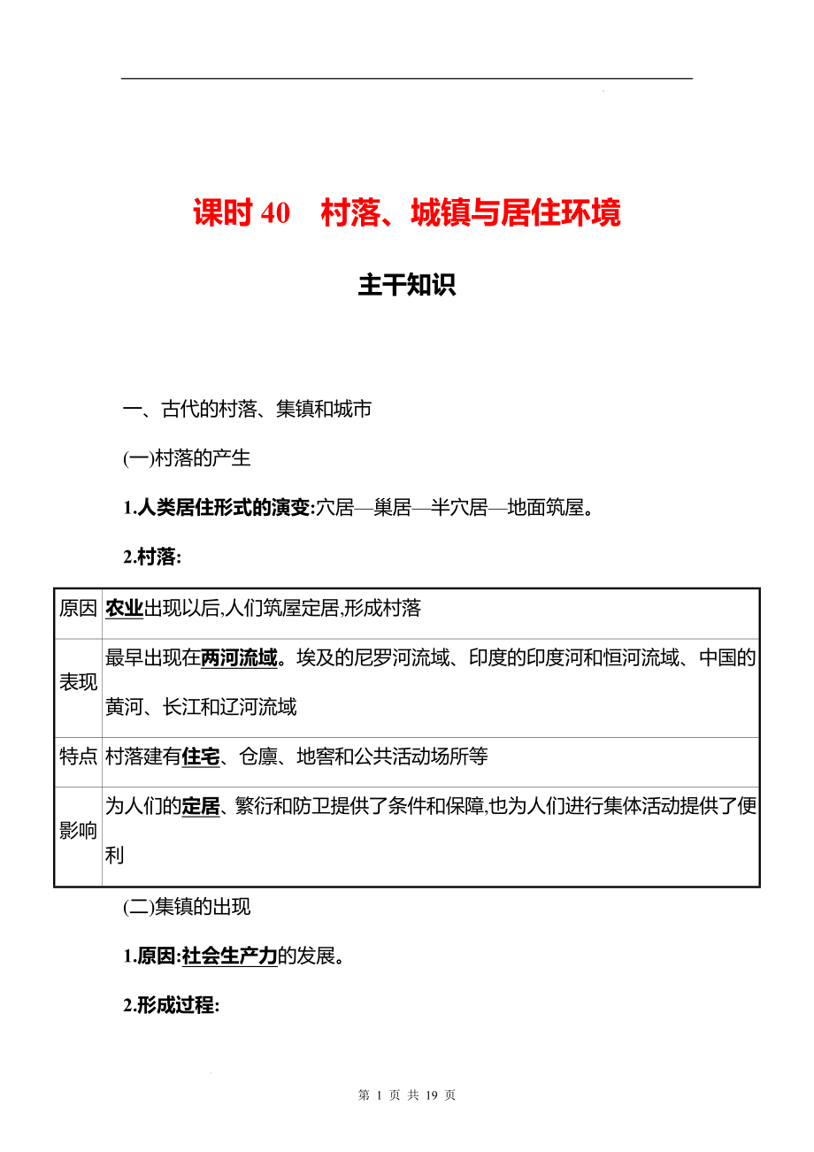 湖南 高中历史 一轮复习 第十四单元课时40　村落、城镇与居住环境 学案（教师版）.docx_第1页