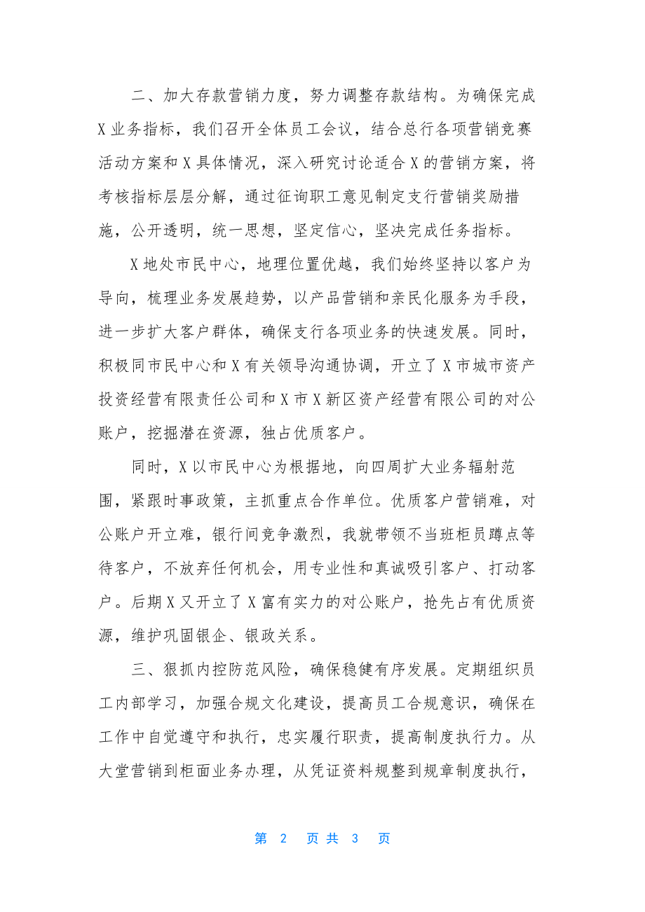 银行支行长工作总结-[银行先进支行工作总结交流分享].docx_第2页