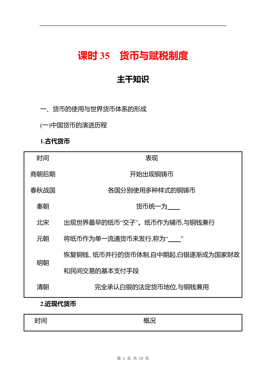 湖南 高中历史 一轮复习 第十三单元课时35　货币与赋税制度 学案（学生版）.docx_第1页