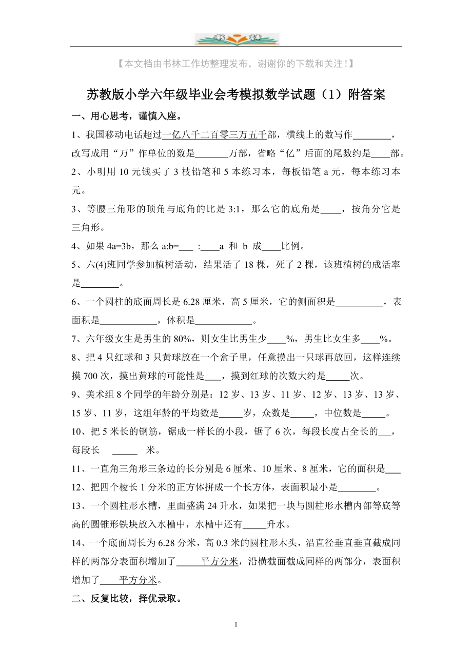 苏教版六年级毕业会考数学模拟题(共13套).doc_第1页