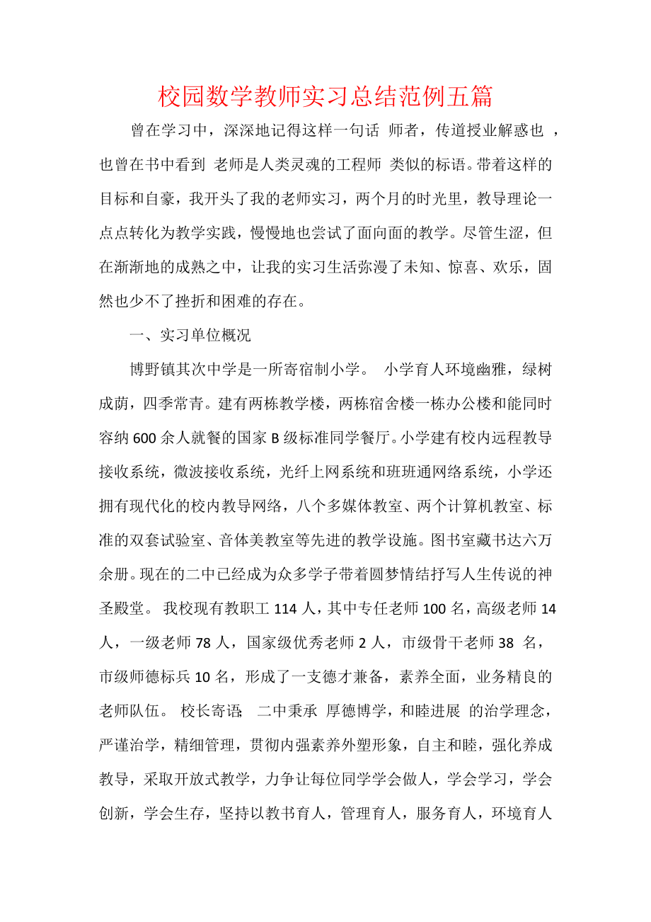 校园数学教师实习总结范例五篇.docx_第1页