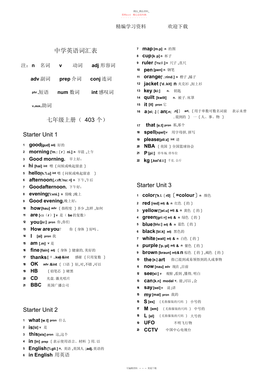 2022年初中英语词汇表七级上.docx_第1页