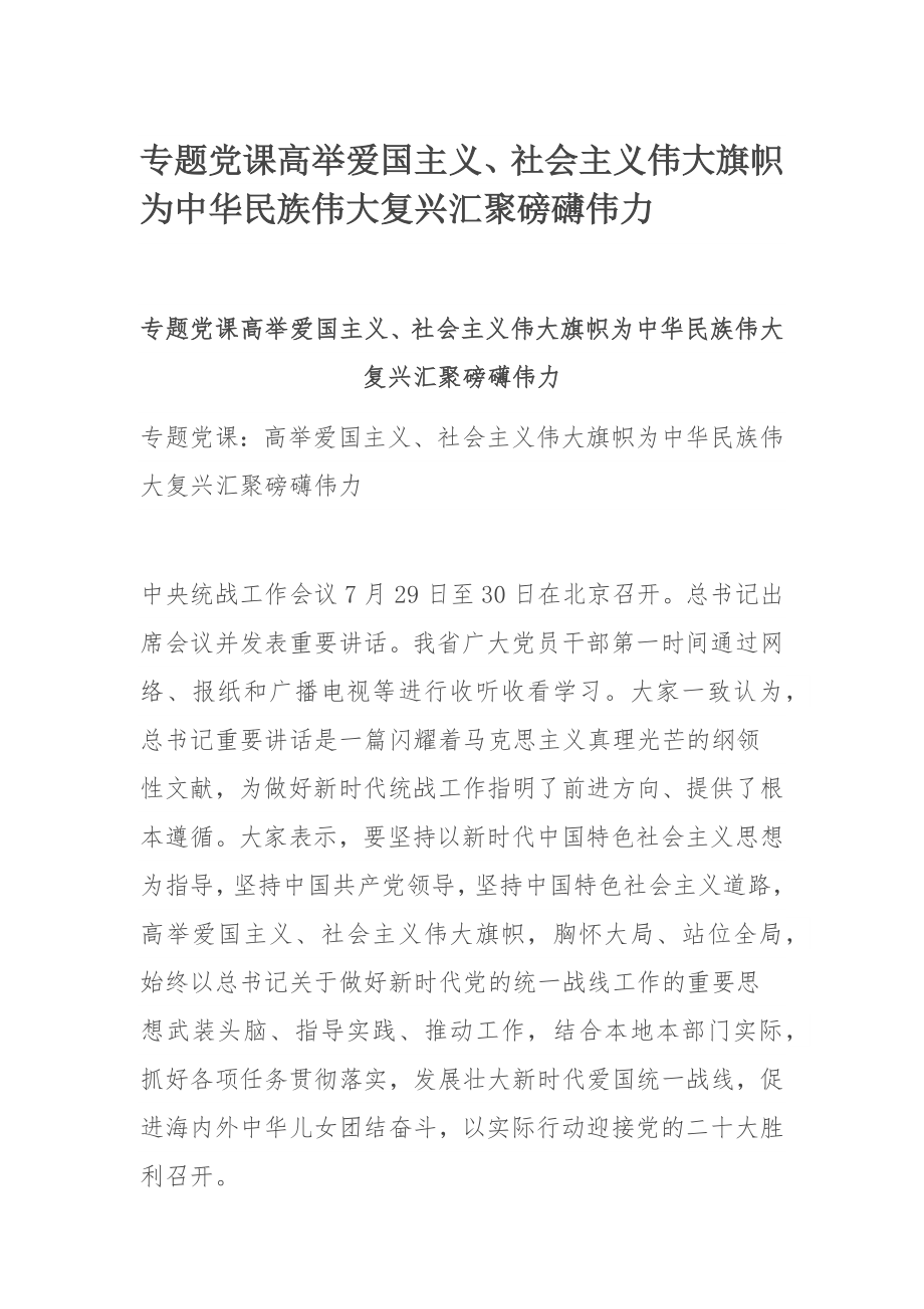 专题党课高举爱国主义、社会主义伟大旗帜为中华民族伟大复兴汇聚磅礴伟力.docx_第1页