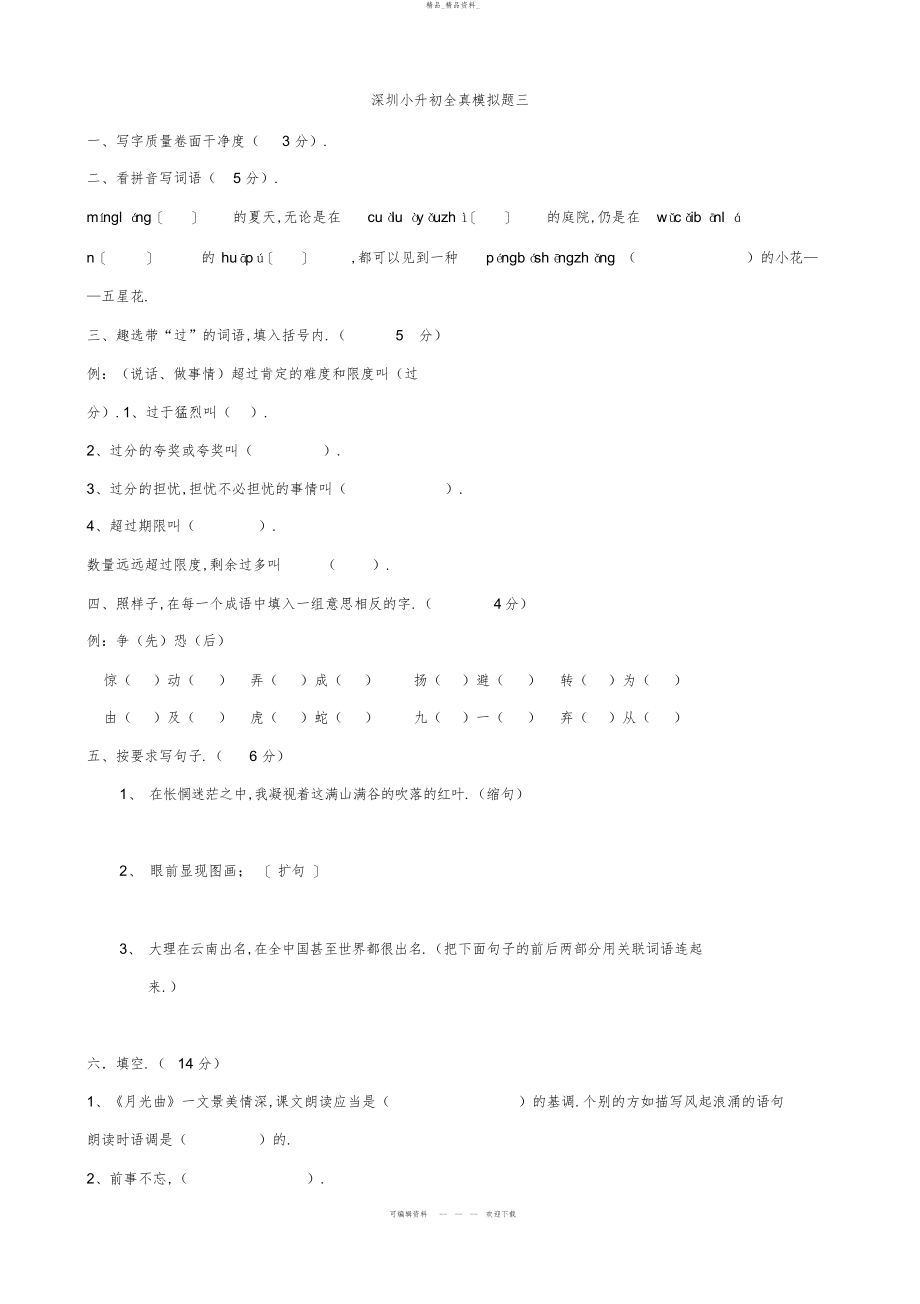 2022年广东省深圳市小升初语文全真模拟题三 .docx_第1页