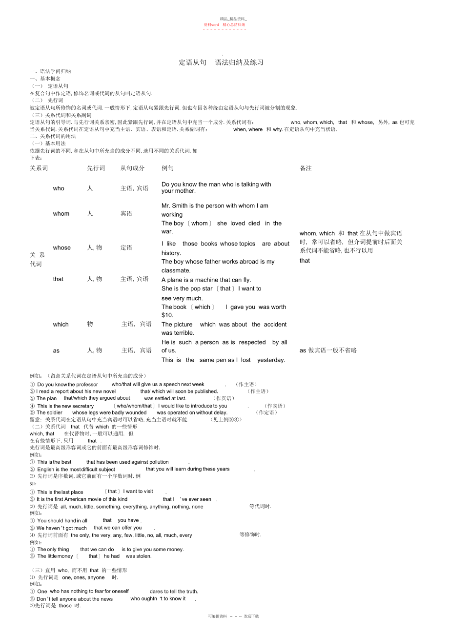 2022年定语从句归纳及专项练习题.docx_第1页