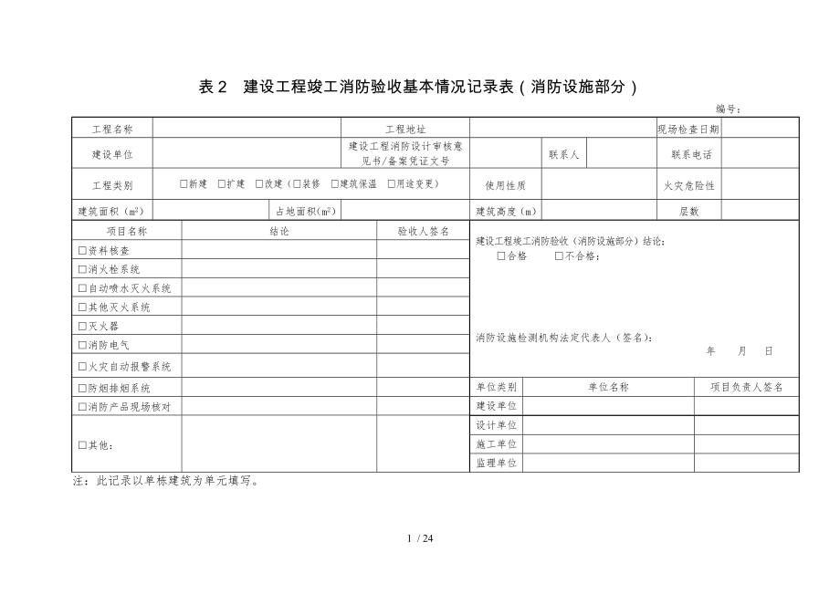 建设工程竣工消防验收基本情况记录表消防设施部分.doc_第1页