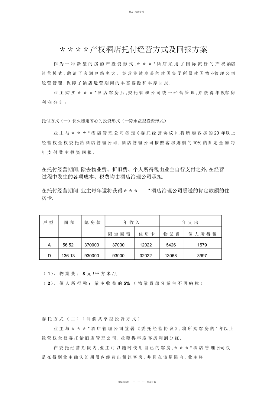 2022年产权酒店委托经营方式及回报方案措施 .docx_第1页