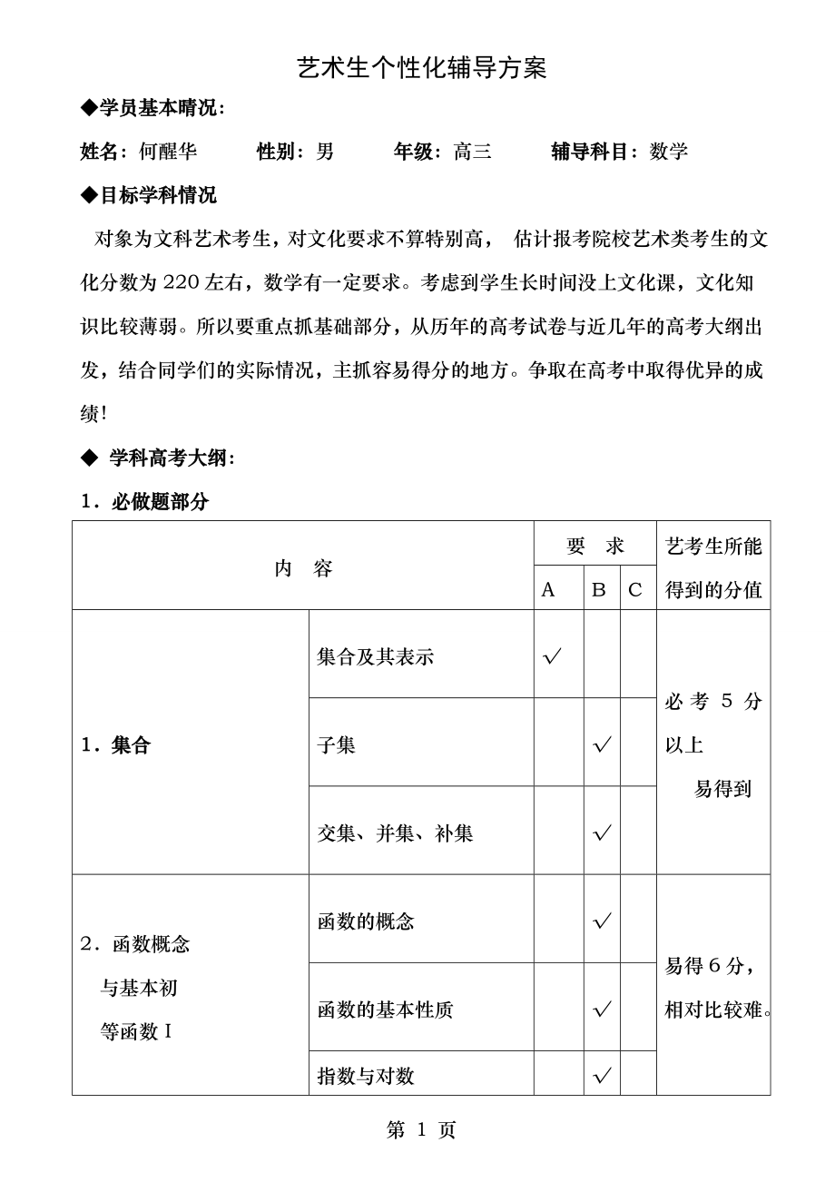 艺术生高考辅导方案1.doc_第1页