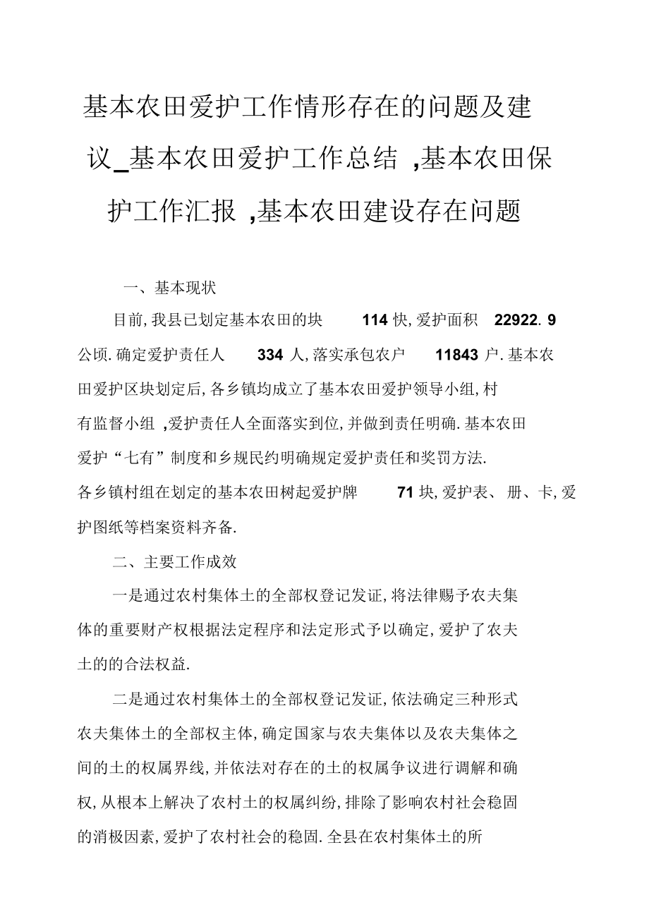 2022年基本农田保护工作情况存在的问题及建议基本农田保护工作总结,基本农田保护工作汇报,基本农田建设存在问题.docx_第1页