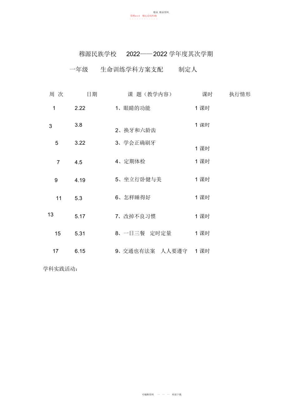 2022年小学健康教育一级下册计划和教案.docx_第1页