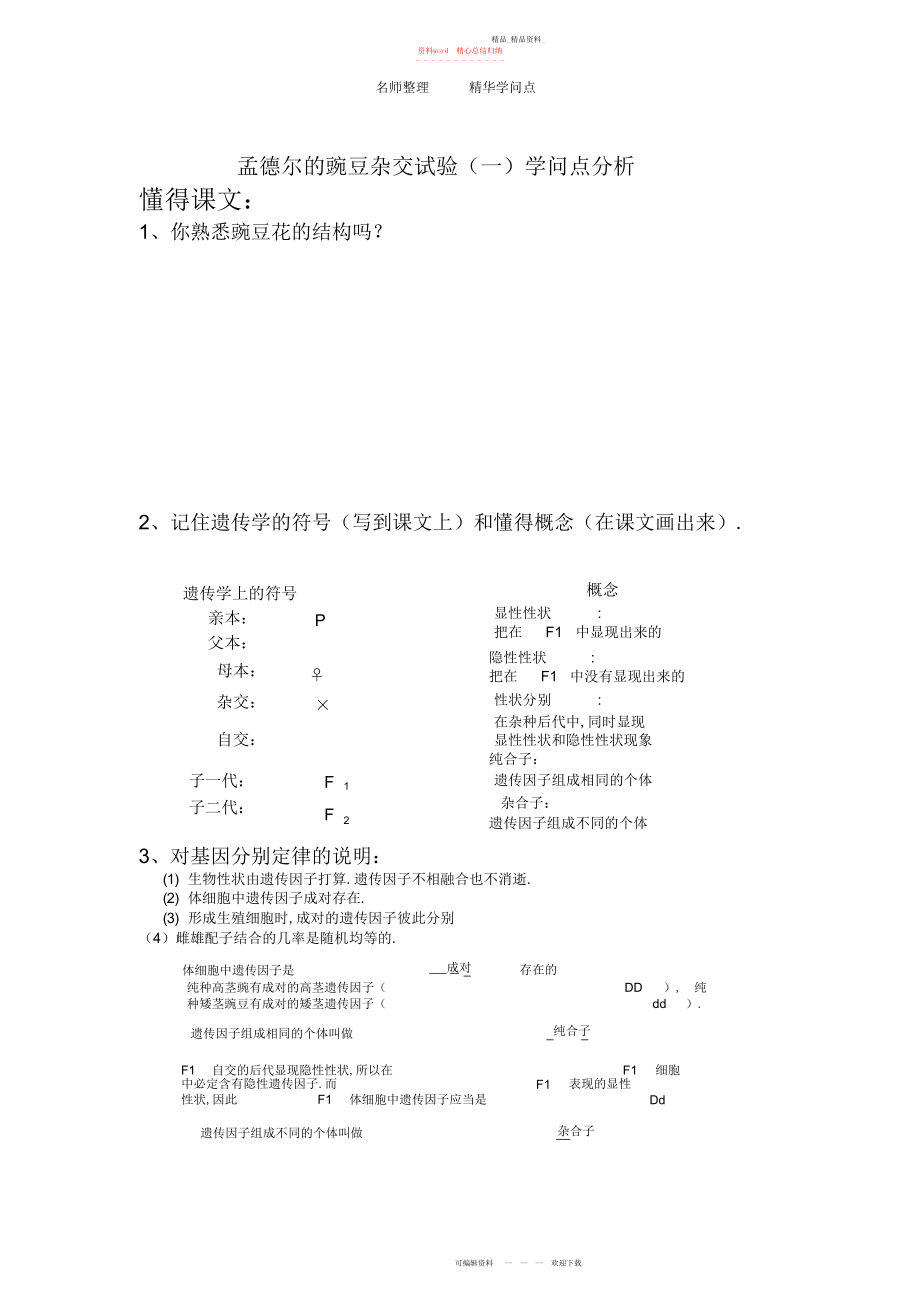 2022年孟德尔的豌豆杂交实验一知识点分析.docx_第1页