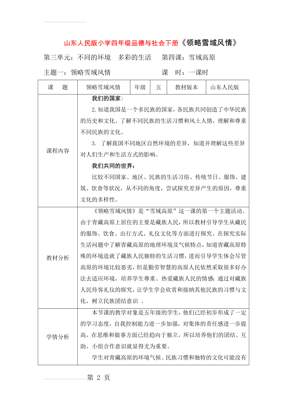 山东人民版小学四年级品德与社会下册《领略雪域风情》教学设计(17页).doc_第2页