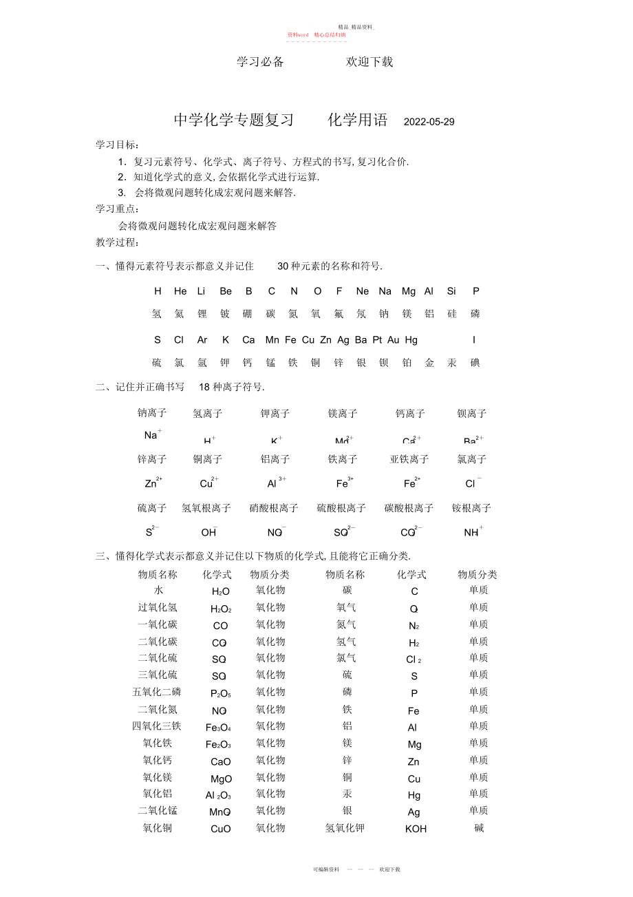 2022年初中化学专题复习化学用语.docx_第1页