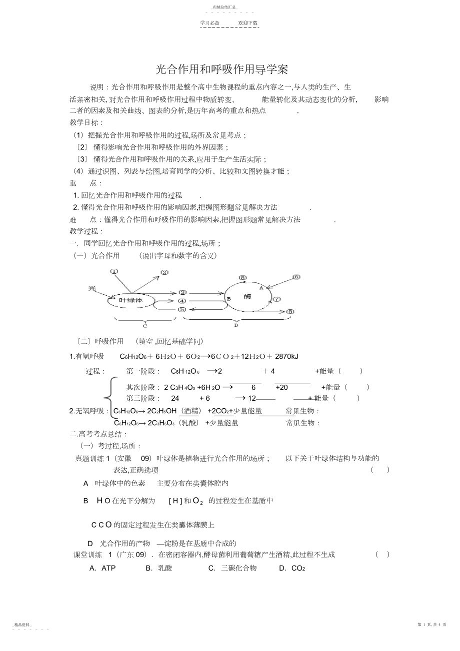 2022年光合作用和呼吸作用导学案.docx_第1页