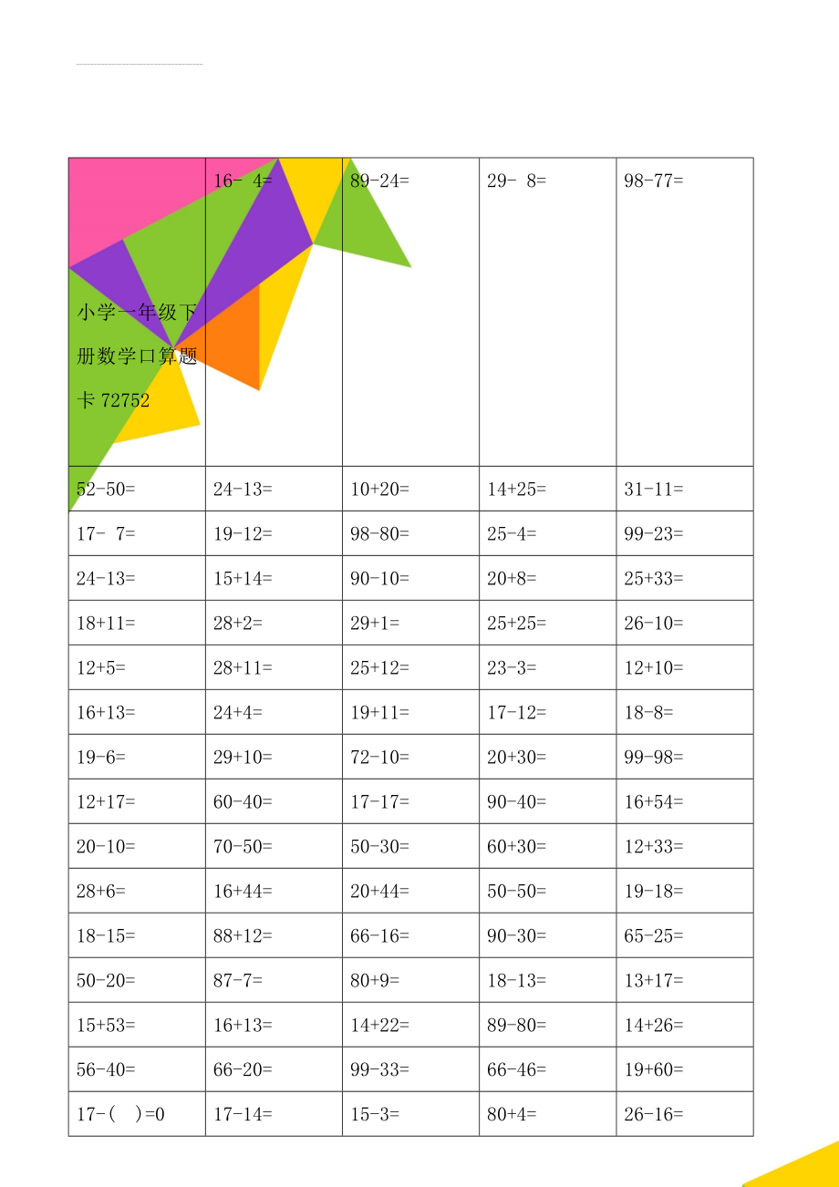 小学一年级下册数学口算题卡72752(40页).doc_第1页