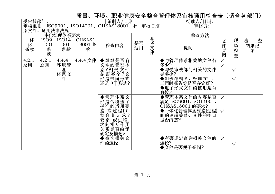 质量、环境、职业健康安全通用检查表(王道).doc_第1页