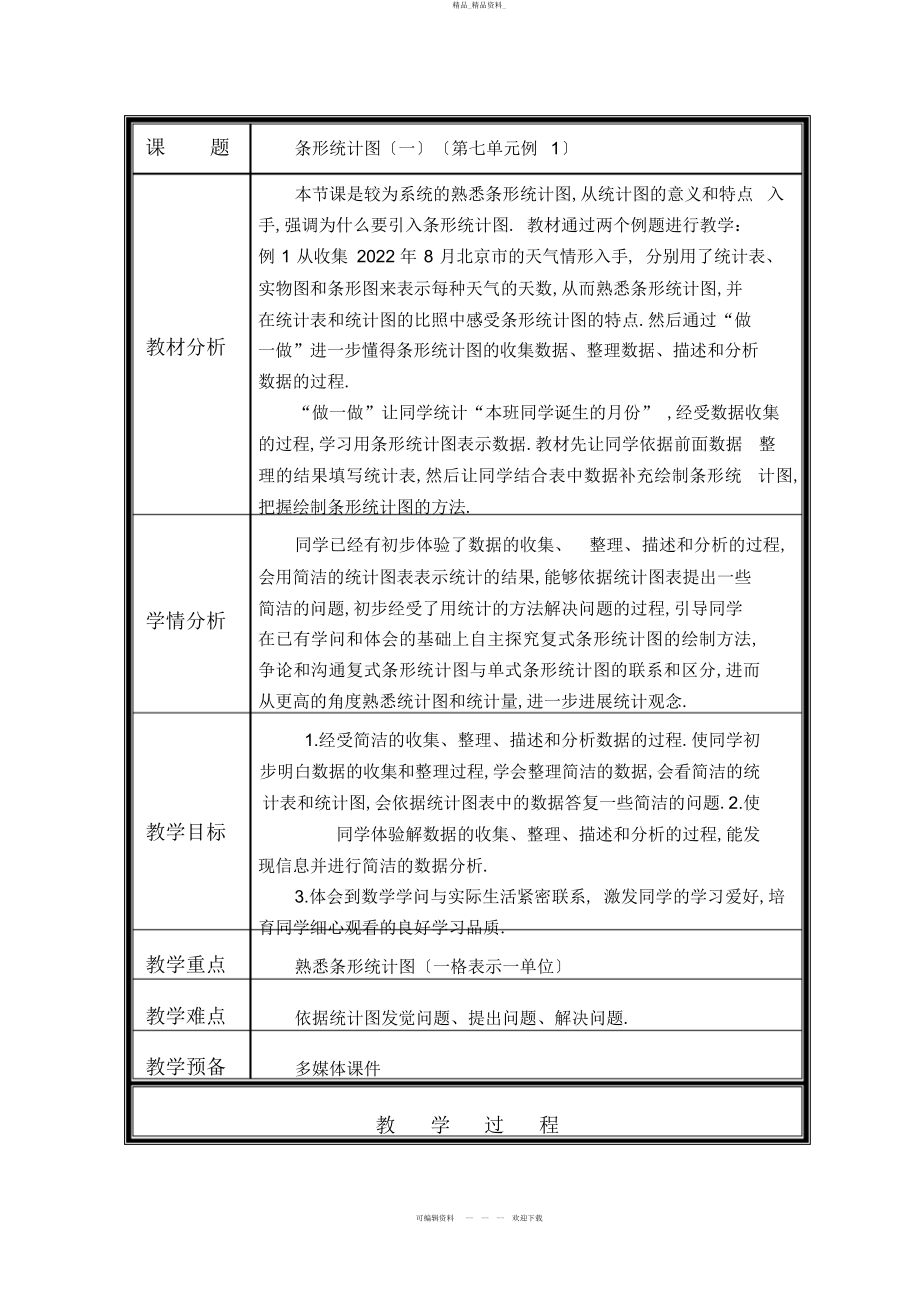 2022年人教版小学数学四上条形统计图教学设计 .docx_第1页