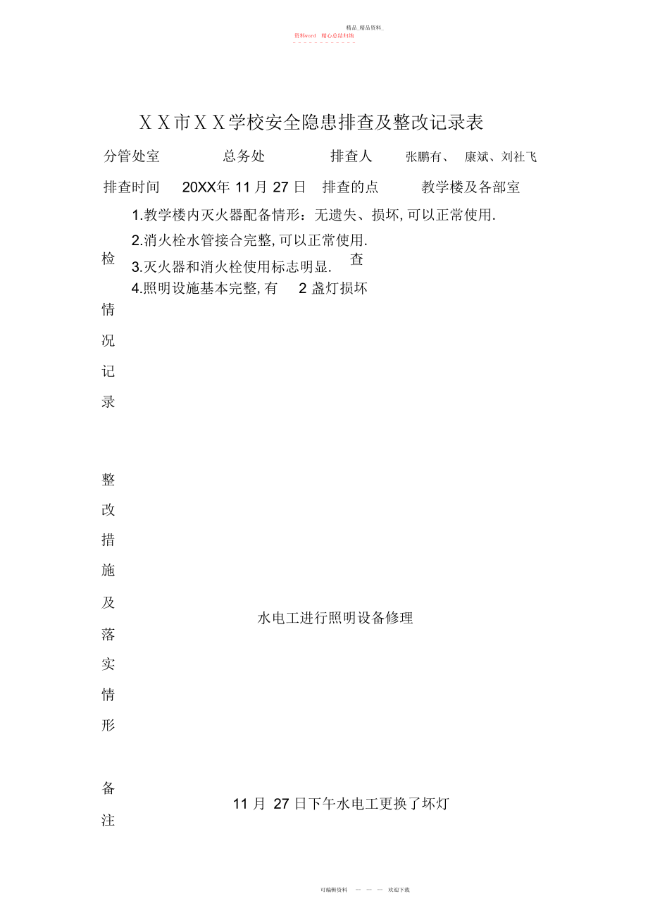 2022年小学安全隐患排查及整改记录表.docx_第1页