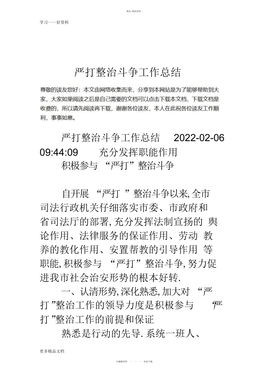 2022年严打整治斗争工作总结教学文稿.docx_第1页