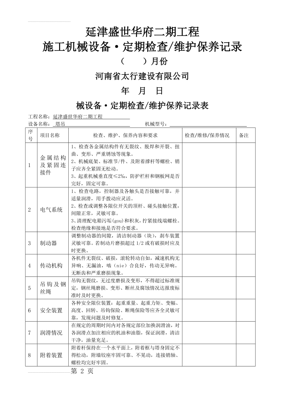 工程机械设备、维护保养记录表(12页).doc_第2页