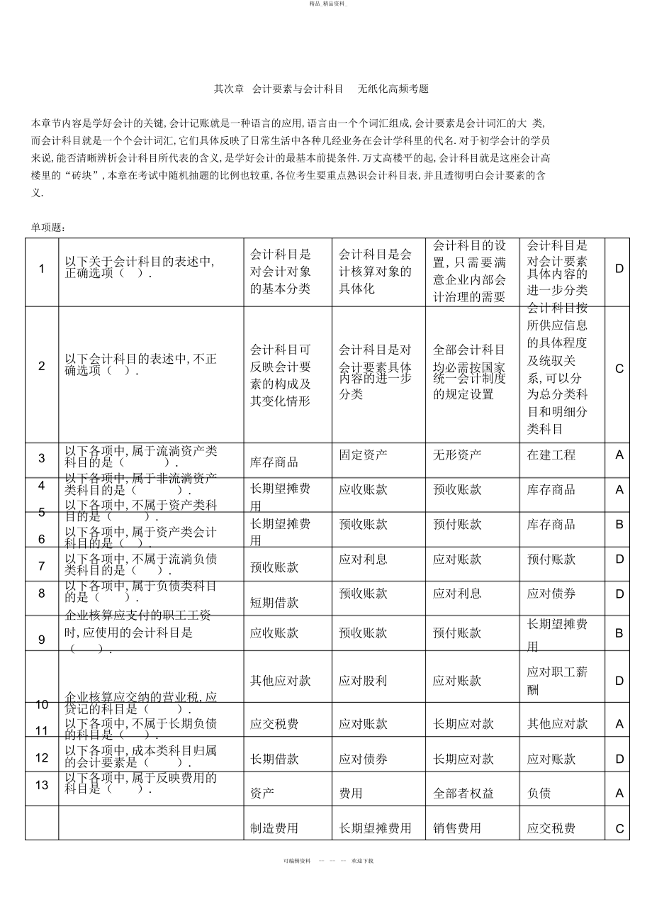 2022年会计基础无纸化考试高频题第二章会计要素与会计科目 .docx_第1页