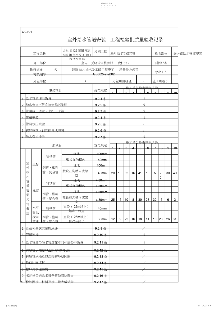 2022年振兴路给水管道安装-隐蔽工程验收记录单 .docx_第1页