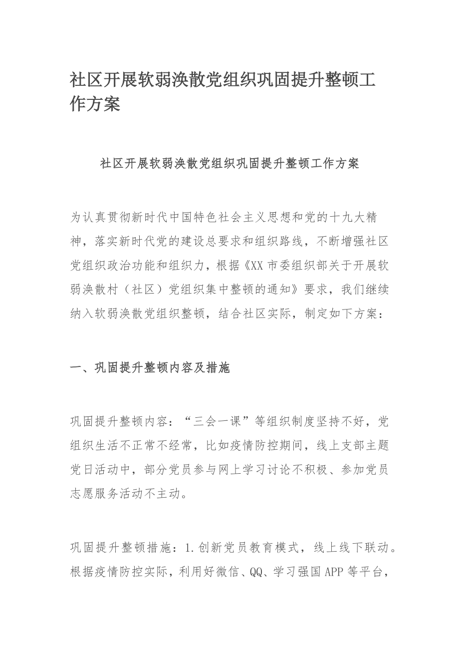 社区开展软弱涣散党组织巩固提升整顿工作方案.docx_第1页