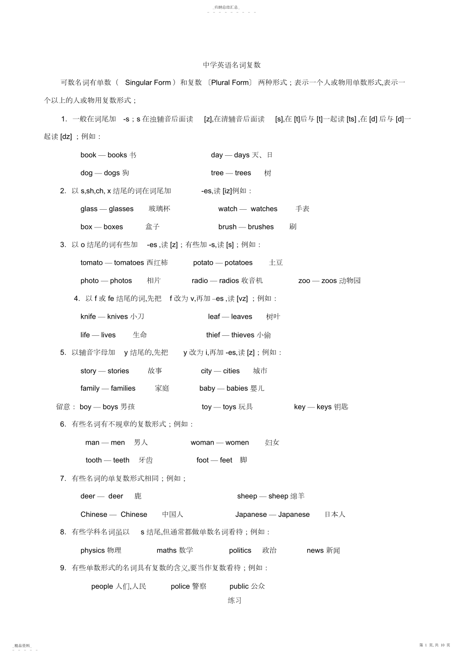 2022年初中英语名词复数、语法大全.docx_第1页