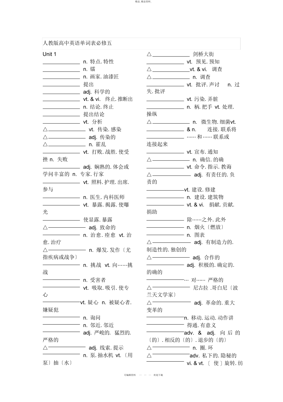 2022年人教版高中英语单词表必修五默写版 .docx_第1页