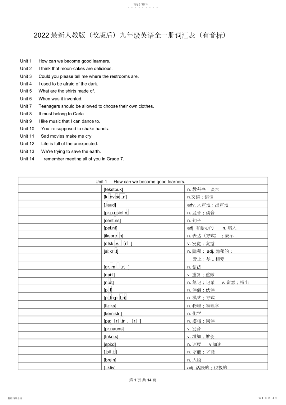 2022年最新人教版九年级英语词汇表 .docx_第1页