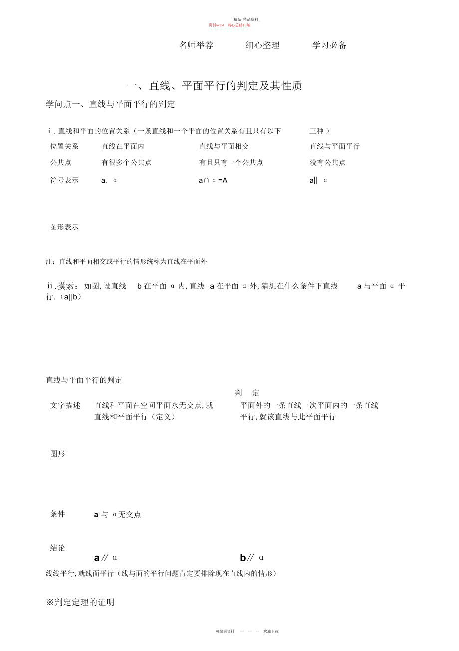 2022年直线平面平行垂直的判定及其性质知识点 .docx_第1页