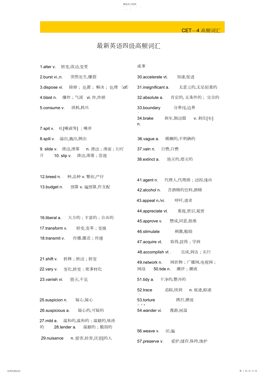 2022年最新英语四级高频词汇 .docx_第1页