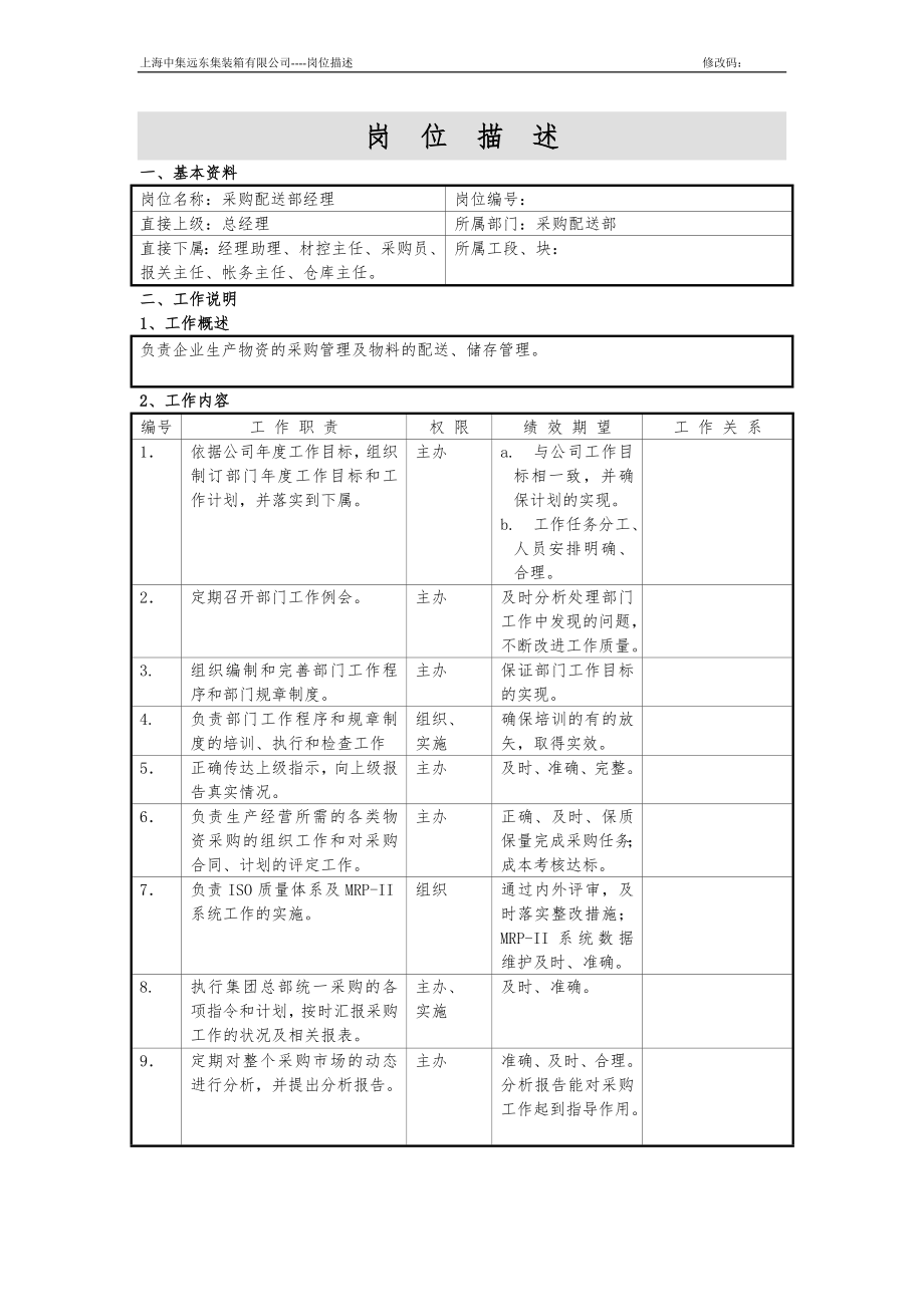 岗位说明书岗位职责主任级以上岗位描述(采购部).docx_第1页