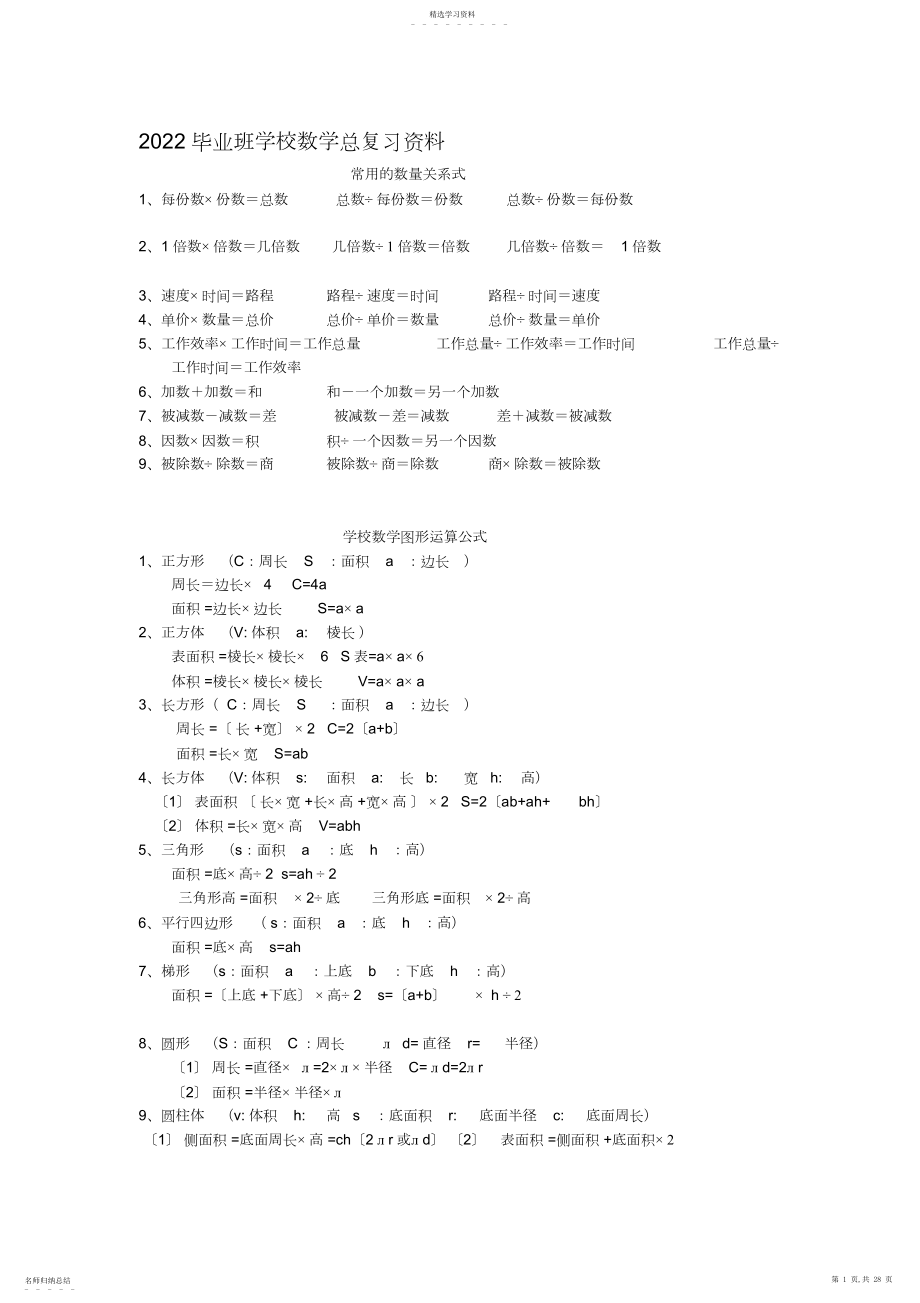 2022年最新人教版小学六年级数学公式大全 .docx_第1页