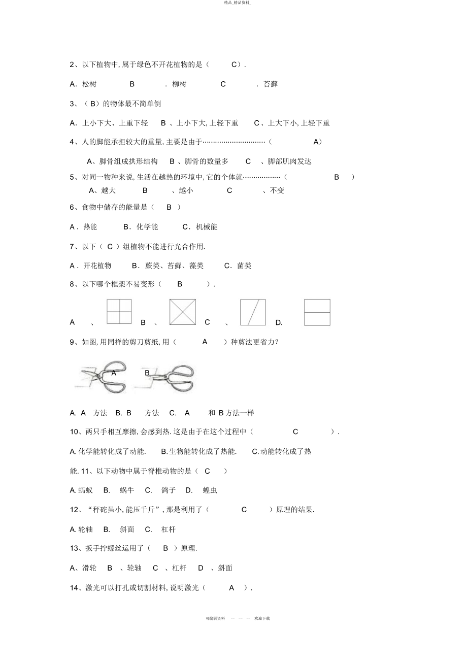 2022年科学教科版六级上册科学期末试卷及答案 .docx_第2页