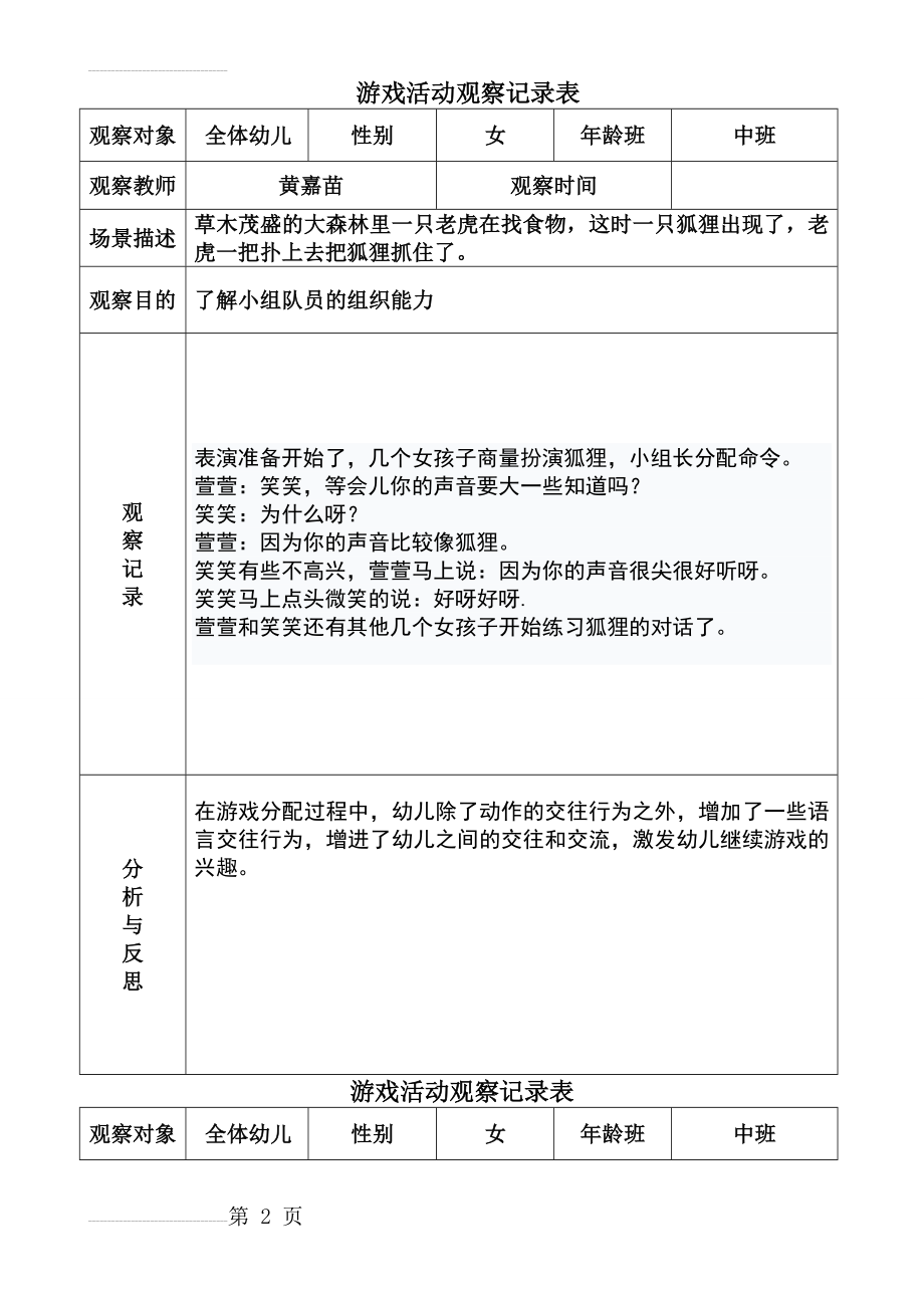 表演游戏《狐假虎威》观察记录表(11页).doc_第2页